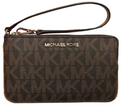 NEW Michael Kors Jet Set Travel Large Top Zip Leather Wristlet-Brown/Acorn
