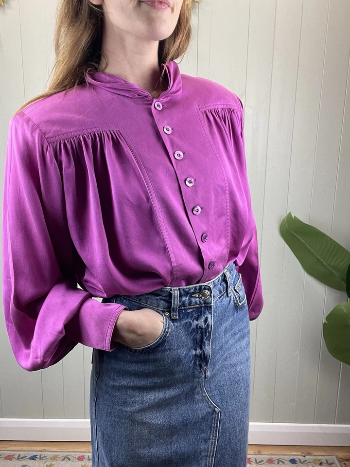 Blusa Louis Féraud Vintage Talla XL 14-16 Rosa Fucsia 100% Seda Foto 2 de 4