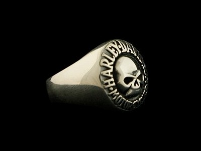 Skull With Harley Davidson Emblem Ring 925 Sterling Silver Men's Ring 12