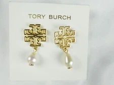 TORY BURCH GOLD & WHITE DROP PEARL EARRINGS