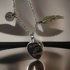 Stainless Steel Heart Urn Necklace Angel Wing Charm Cremation Ashes Memorial...