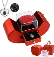 Preserved Rose Gifts for Women, Eternal Flower Rose Box with Heart Necklace, Rom