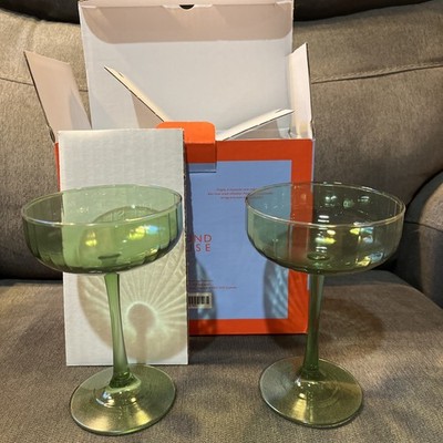 Round House Coupe Glass Set Of 2 Brand New Green Glasses USA NEW W Box
