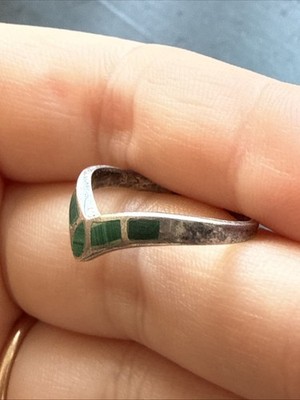 Bague Ancienne En Argent Massif 925 - Jonc Alliance Avec Malachite, Taille 52, Occasion France