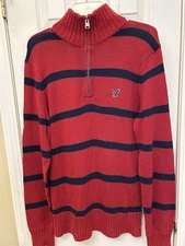 American Eagle 1/4 Zip Mock Neck Knit Sweater Red Navy Cotton Men’s Medium