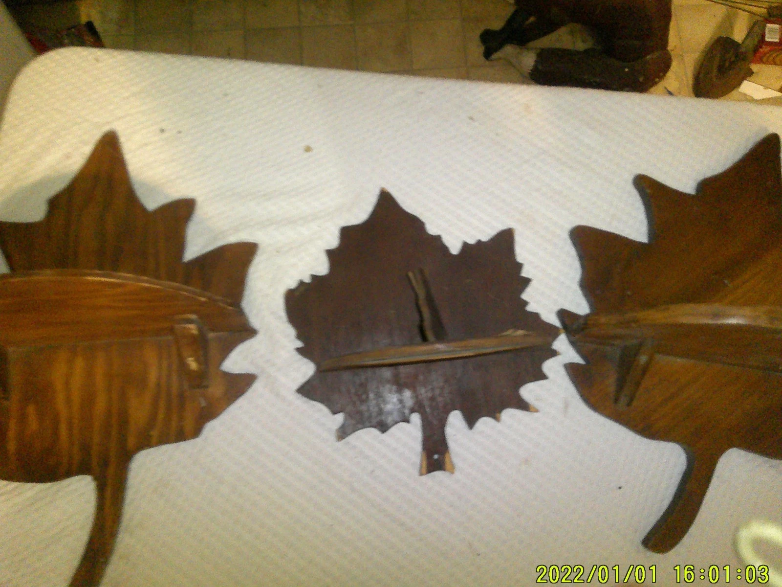 3 DIFFERENT OLD WOODEN HAND MADE WALL SHELF MAPLE LEAF LOOK NEED TLC