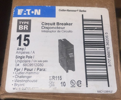 #ad LOT OF 10 NEW EATON BR115 15 AMP CIRCUIT BREAKERS SINGLE POLE 120 240 VAC $55.99
