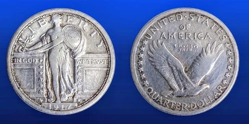 1917 (P) Standing Liberty 90% Silver FINE Uncleaned Quarter, Variety 1, No Stars