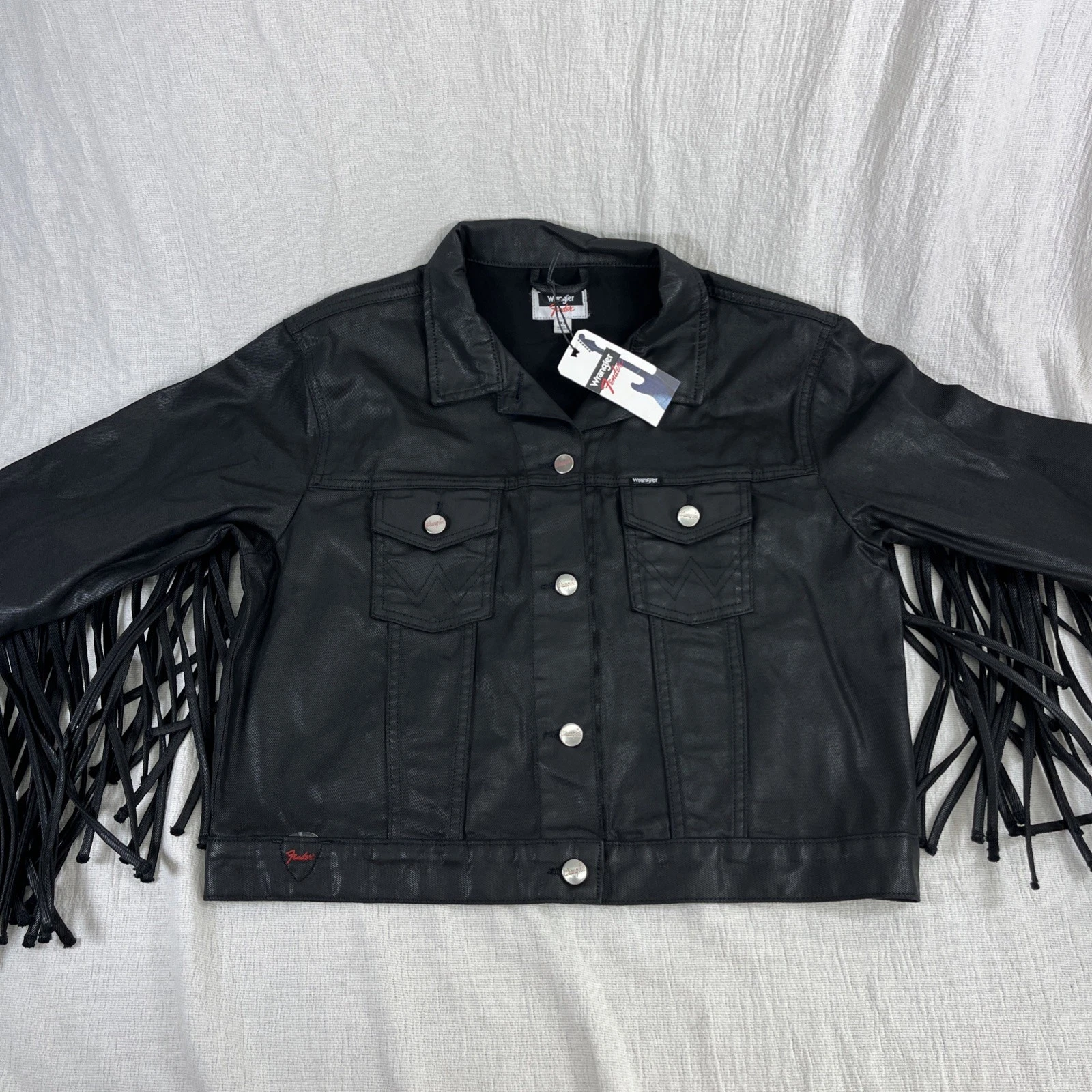 Wrangler Fender Fringe Jacket Black Biker Western Cowboy Rock Metal Oversized XS