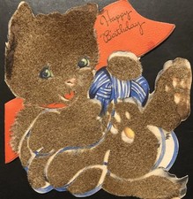Vtg Birthday DieCut Greeting Card Flocked Brown Kitten Cat Red Bow Hallmark