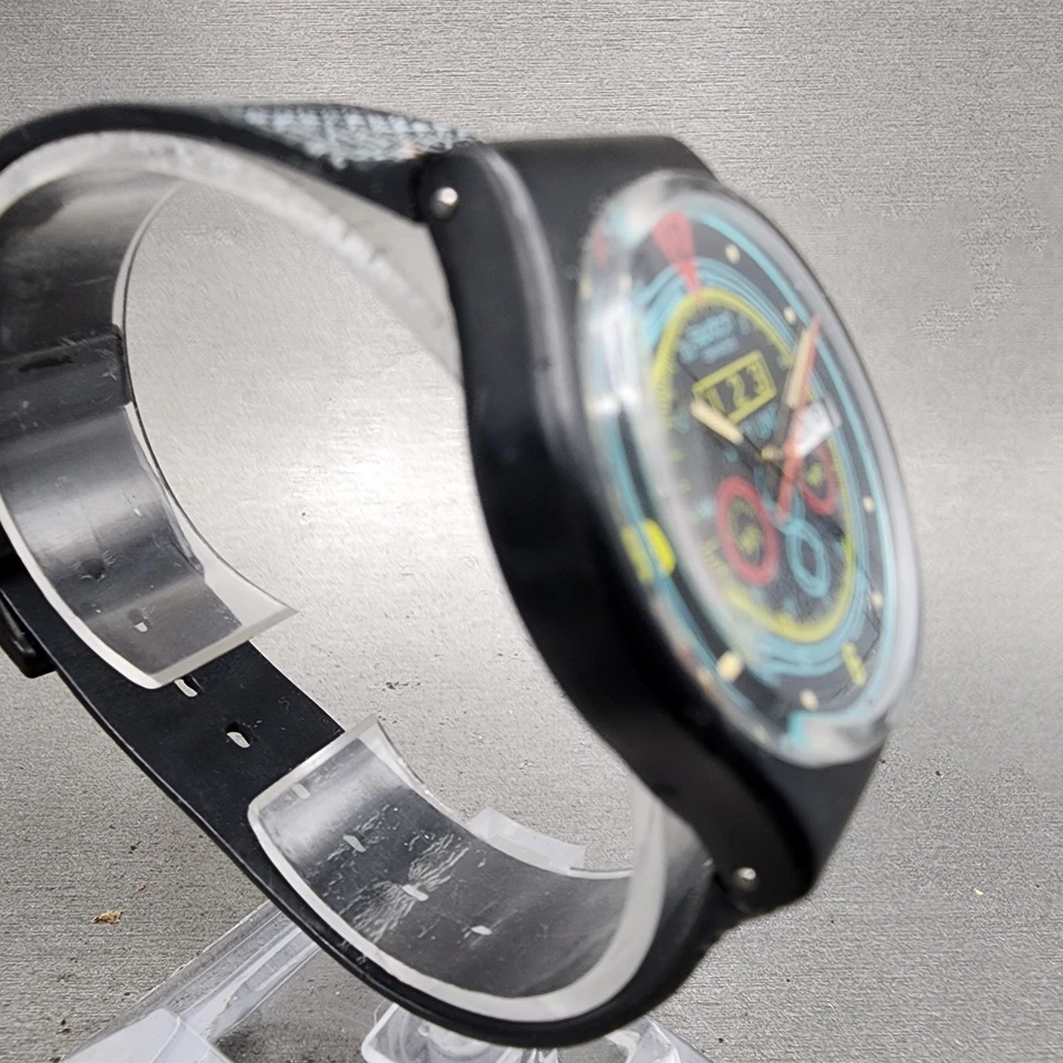 Swatch Navigator Watch Men 34mm Black Dial Black Tone Daydate Round New Battery - Image 4 of 4