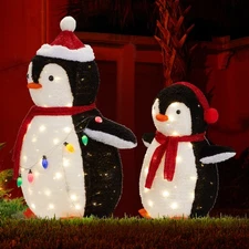 LEADZM 2-Piece Lighted Plush Penguins Christmas Yard Decorations