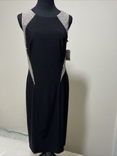 Xscape Sheer Beaded Illusion Sleeveless Cocktail Dress LBD Black Silver 10 NWT