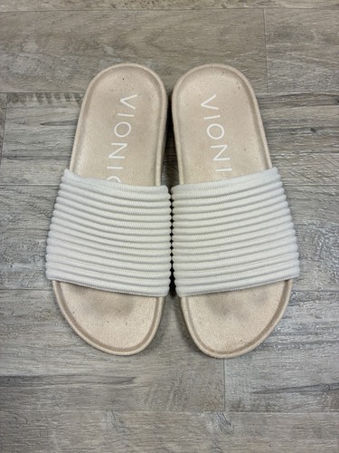 Vionic Evie Supportive Ribbed Knit Slide Sandal Tan Women Arch Support 8.5 Wide