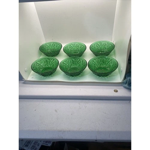 Vintage Depression Cut Glass Emerald 6 Green Dessert Bowls