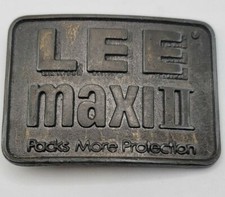 1970's Belt Buckle Vintage LEE MAXI II Packs More Protection Brass Tone 3x2 3/4"
