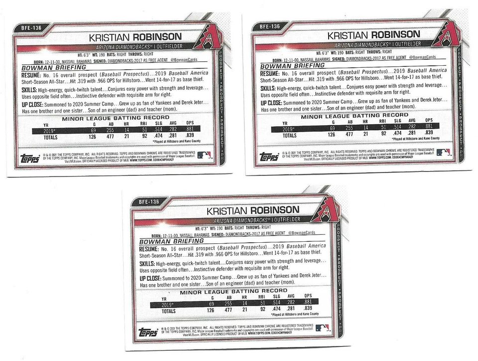 Lot of 3 Kristian Robinson 2021 Bowman 1st Edition #BFE-136  Diamondbacks - Image 2 of 2