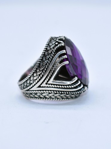 Checkerboard Cut Purple Stone Textured Sterling Silver Gent's Ring Size 9 - Picture 7 of 21