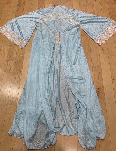 Vintage 60s Miss Elaine Blue Chiffon Nylon Peignoir Nightgown Set Union Made - Picture 2 of 11