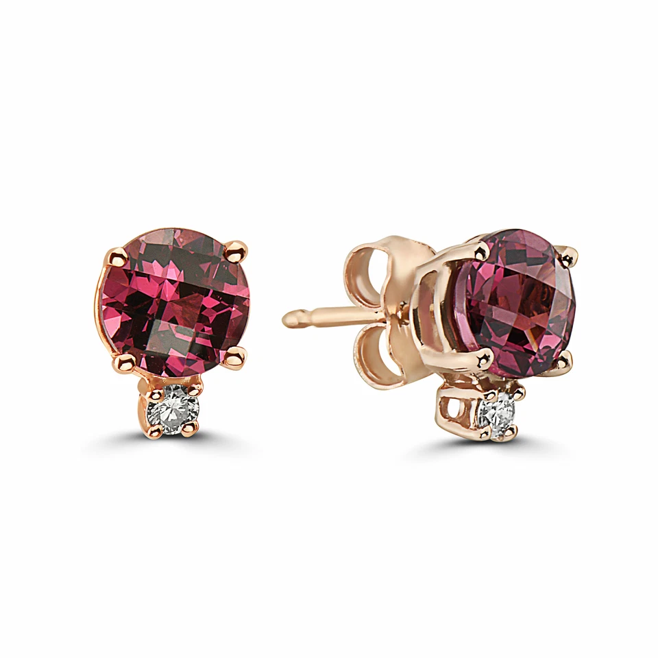 Pendientes piedra de nacimiento oro rosa 14K rodolita granate diamante desnudo 1,02 quilates Foto 3 de 4