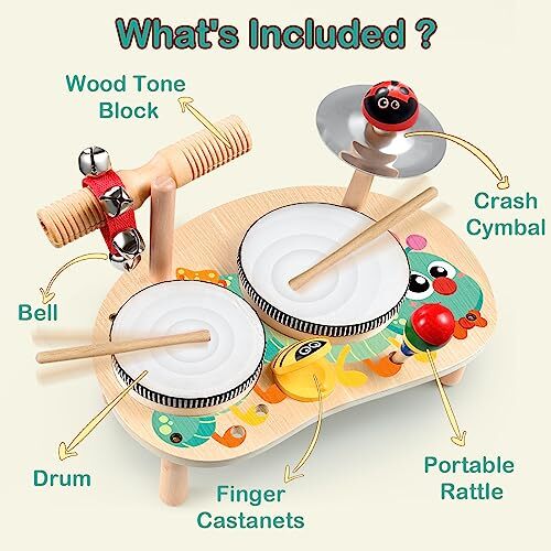 Kids Drum Set for Toddlers: Montessori Musical Instruments Set Toddler Toys - - Picture 3 of 6