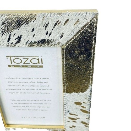 Tozai Home Photo Picture Frame 4x6 Natural Cowhide Metallic White Gold - Picture 4 of 8