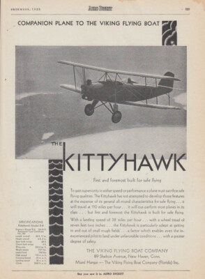 1st & foremost for safe flying Viking Flying Boat Kittyhawk Biplane ad 1929