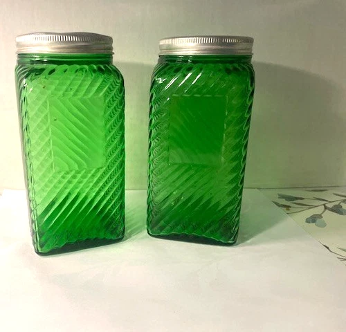A Pair Of Vintage Owens Illinois Green Depression Glass Jars With Lids