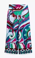 ZARA Satin Wide Leg Crop Multicolored Printed Pants Sz M NWT