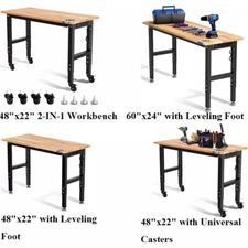 48"X22"/60''x24" Heavy-Duty Adjustable Workbench Rubber Wood Top W/Power Outlets