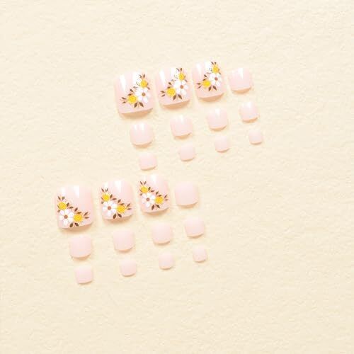 Nude Press on Toenails Short Square Fake Toe Nails Summer T02-026Cake Flower - Picture 3 of 7