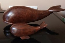 Hand Carved Ironwood Heavy Whale Figurines Dark Iron Wood Mom & Baby 14" & 6.5"