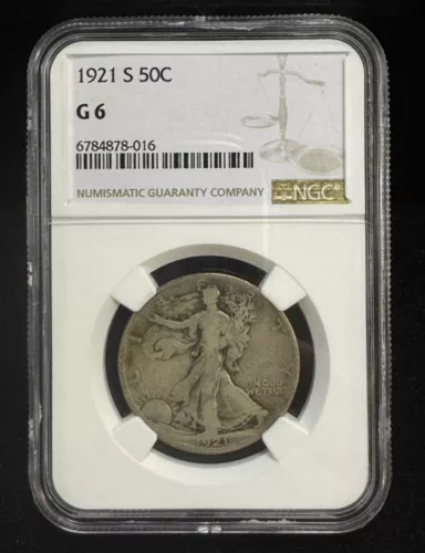 1921-S Walking Liberty Silver Half Dollar 50C NGC G6, Key Date, Nice Details