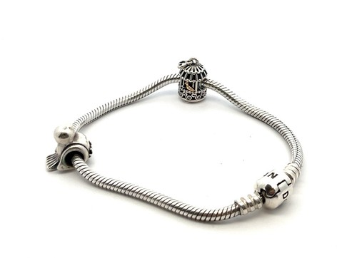 7.25” Pandora Snake Chain Bracelet w/ Bird Charm & 14k Gold Bird Cage #791114 - Picture 2 of 10