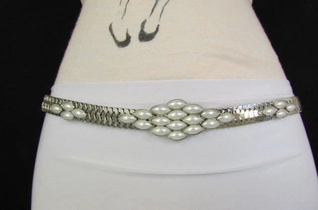 Mujeres Plateado Metal Estrecho Moda Cinturón Cadera Cintura Hoja Blanco Negro Bling S M L Foto 2 de 4