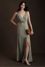 BHLDN dress Anthropologie Piper V-neck Satin Moss Color Size 2 Wedding