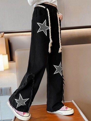 Kids Girls Jeans Fashion Trousers Wide-Leg Denim Pants Star Printed With Rope - Picture 19 of 28