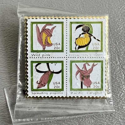 Vintage March Co Flowers USPS Stamp Lapel Pin 1984 New Sealed Wild Pink Calypso