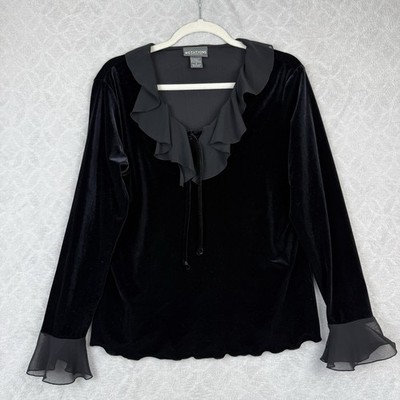 Vtg Velvet Peasant Top Women Small Black Ruffle Bell Sleeve Whimsygoth Victorian