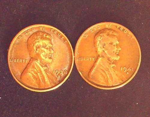1938 S + 1941 D Wheat Lincoln Cents-VG Condition