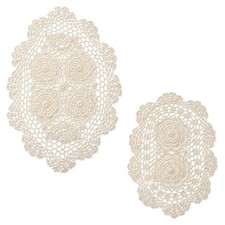 2Pcs Handmade Crochet Lace Doilies for Tables, Beige Oval Lace Table Runner