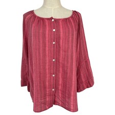 Tommy Bahama Striped Cotton Viscose Button Front Blouse Top Women L Peasant