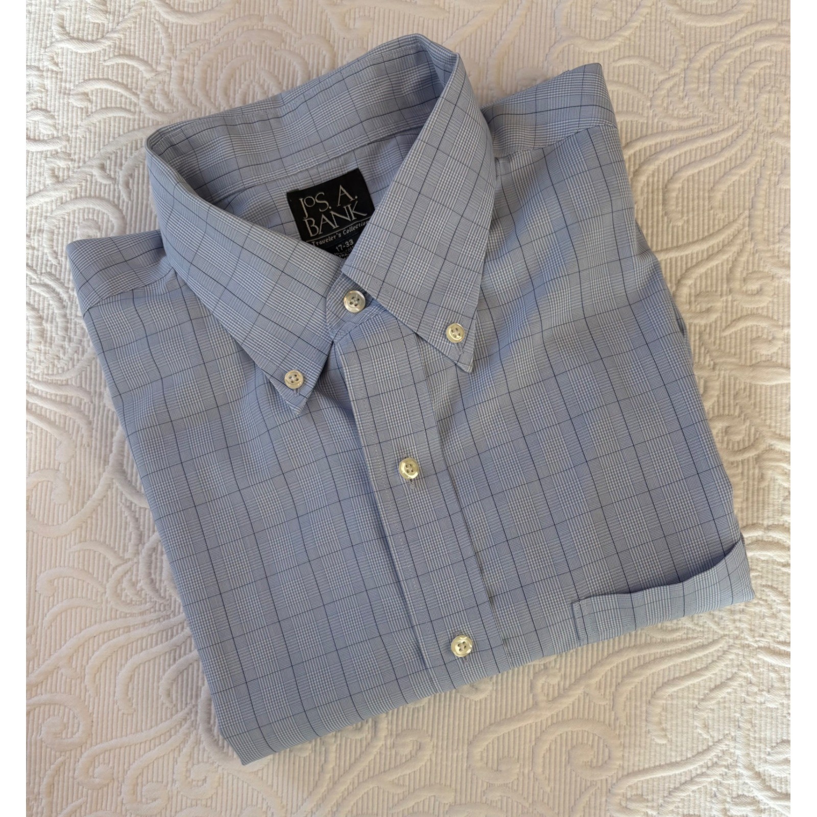 Jos A Bank Traveler Collection Tailored Fit Blue Windowpane Dress Shirt 17-33
