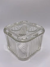 Vintage Federal Glass Ribbed Refrigerator Dish with Lid, Embossed Vegetables