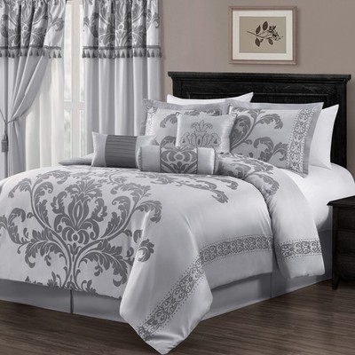 7teiliges BettwäscheSet mit JacquardBlumenmuster, QueensizeBett, Silber/Grau