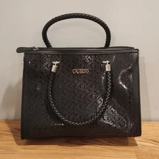 Guess Black PVC Handbag Purse - All Over Print - 12'L x 6'D x 10"H - 12x6x10