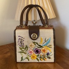 Vintage Whidby Wood Straw Embroidered Floral Purse w/Gold-Tone Twist Clasp