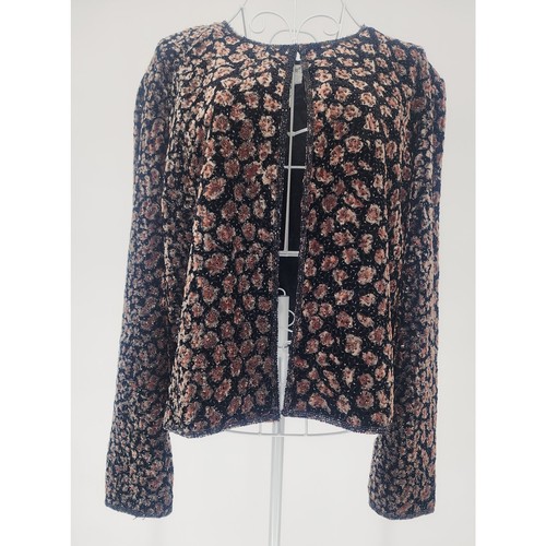 Papell Boutique Evening Black Floral Velvet Sequin Jacket Women’s Size L - Picture 10 of 11