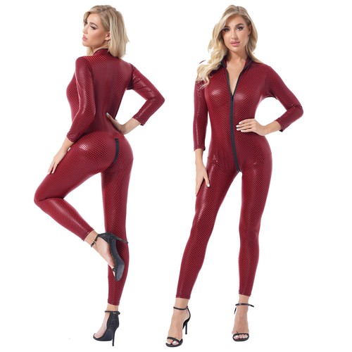 Gothic Punk Women Bodysuit Patent Leather Plaid Jumpsuit Zip Catsuit Nightclub - Picture 15 of 71