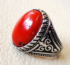 NATURAL RED CORAL GEMSTONE 925 STERLING SILVER CHRISTMAS TURKISH HEAVY MENS RING
